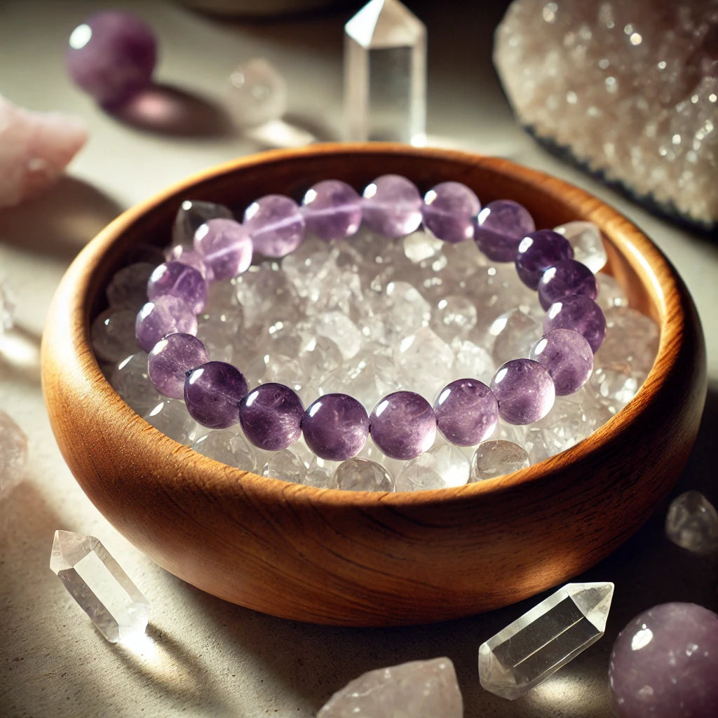 Energetische Reinigung eines Amethystarmbands- Bild mit KI erstellt.