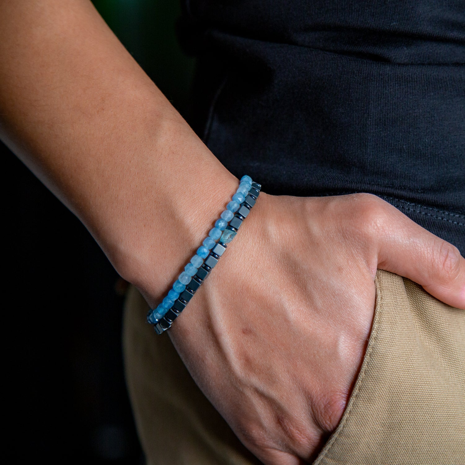 Aquamarine und Hämatit matt Armband 4mm-Armband-Set (März Geburtsstein) - BONES & BUDDHAS