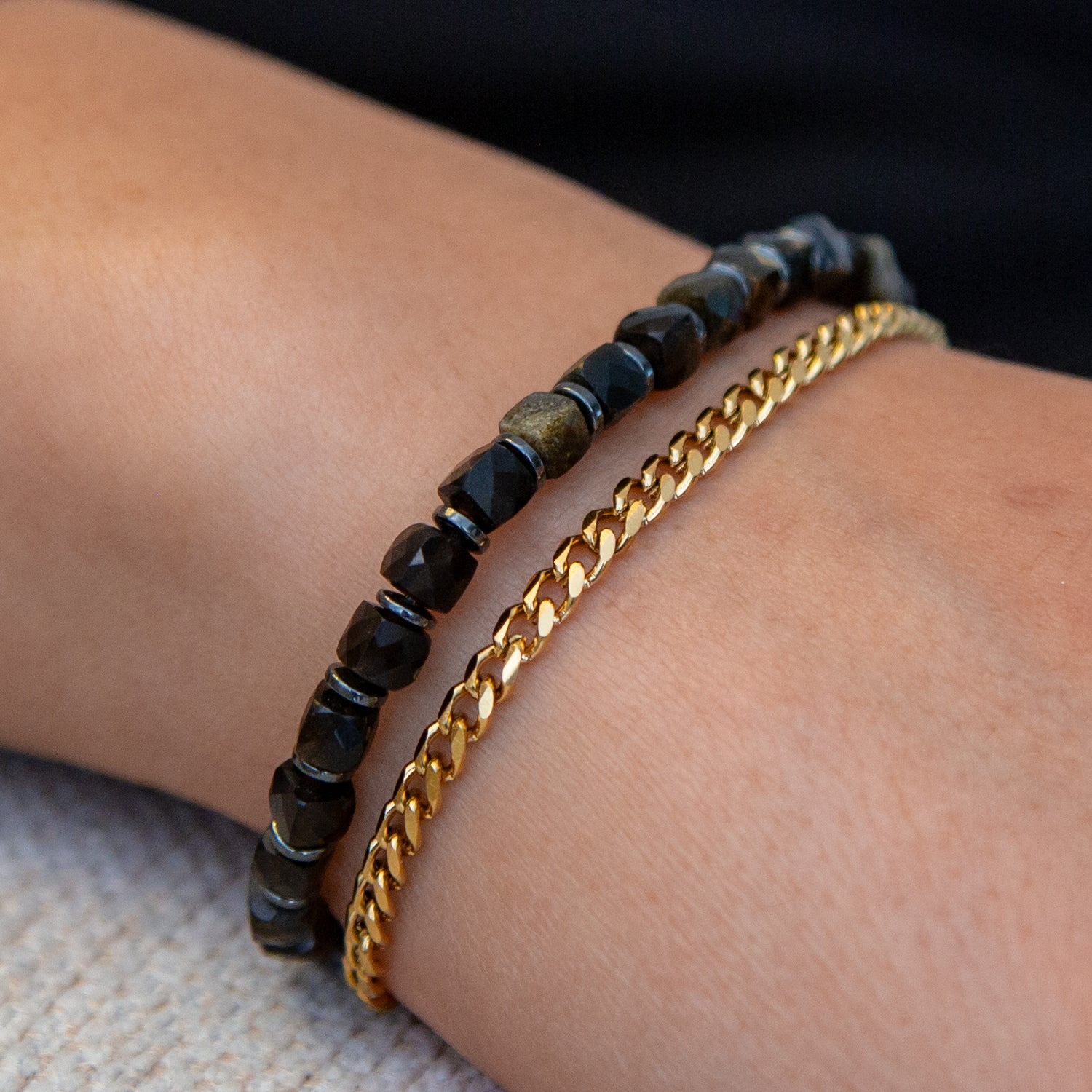 GOLD OBSIDIAN CUBE ARMBAND FACETTIERT 4MM - SET 1 HERREN