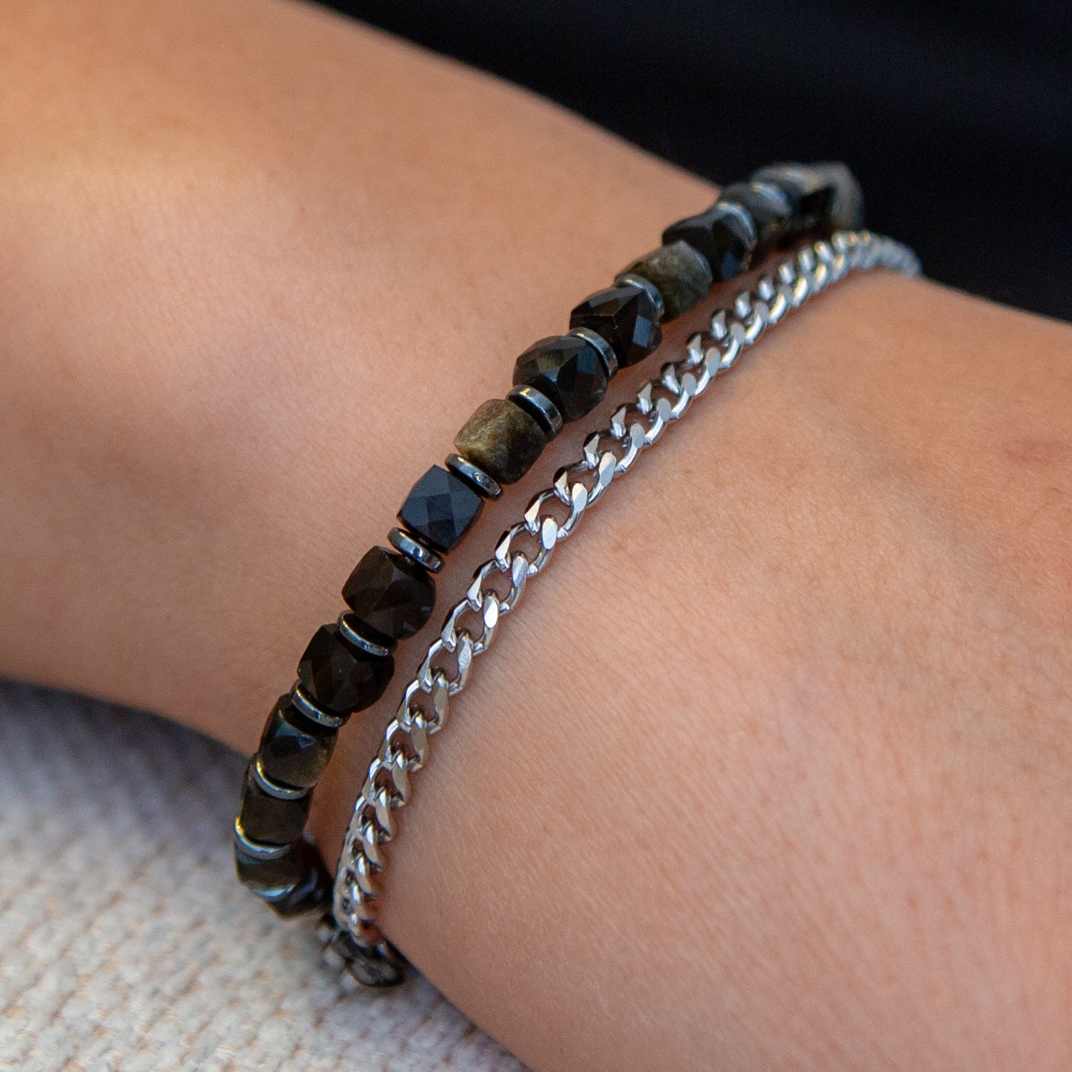 GOLD OBSIDIAN CUBE ARMBAND FACETTIERT 4MM - SET 1 HERREN