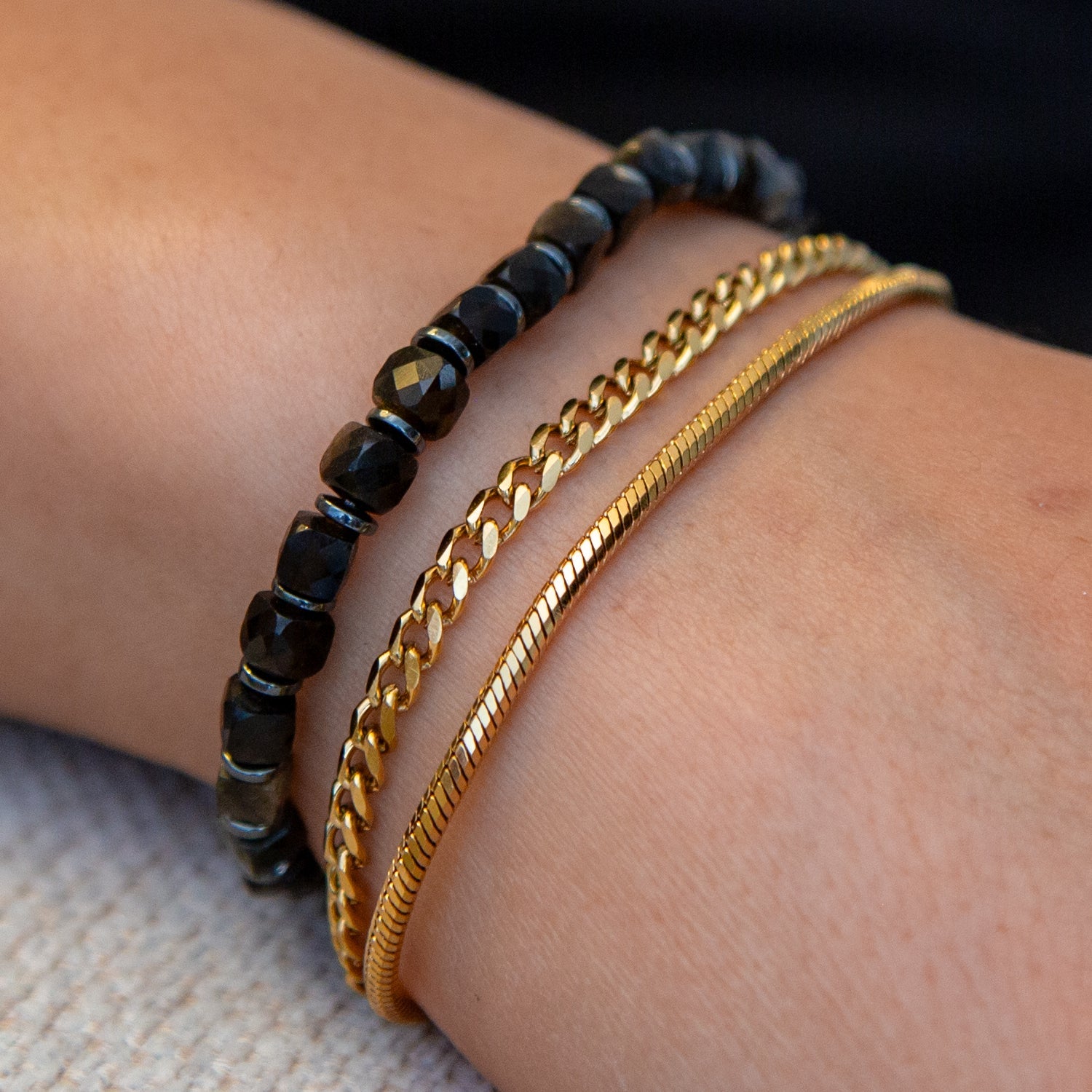 GOLD OBSIDIAN CUBE ARMBAND FACETTIERT 4MM - SET 2 HERREN