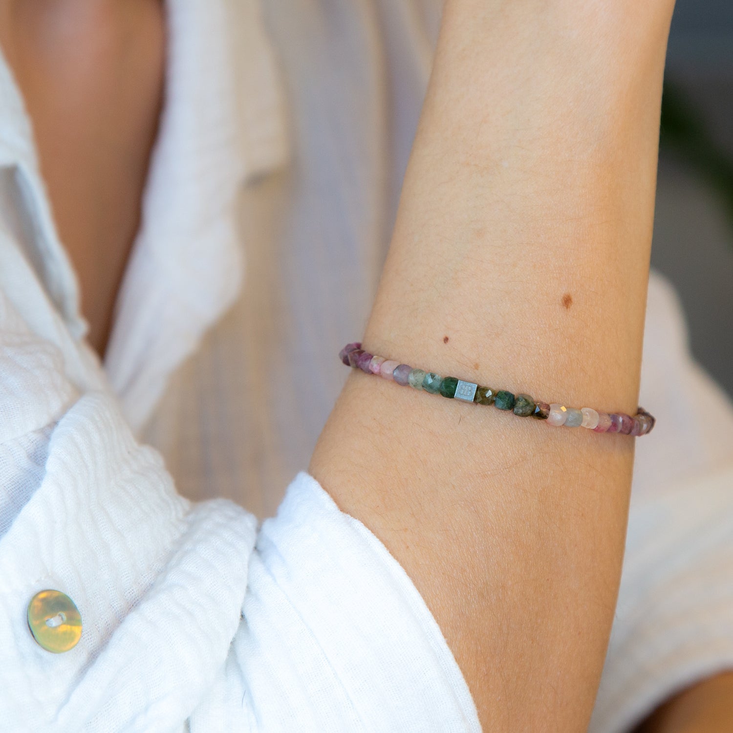 Pink Green Turmalin Cube Armband facettiert 4 mm- Oktober Geburtstein - BONES & BUDDHAS