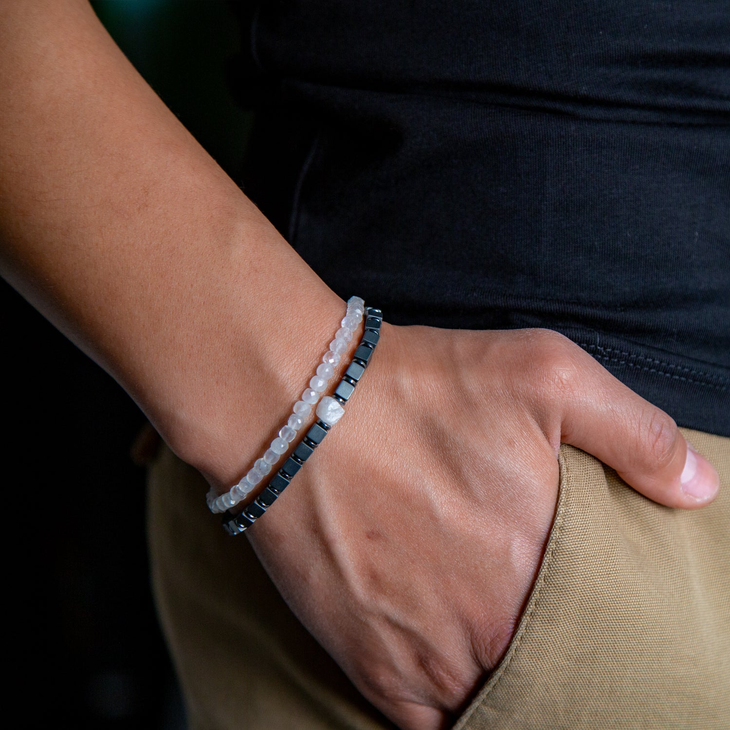 Mondstein und Hämatit matt Armband 4mm-Armband-Set