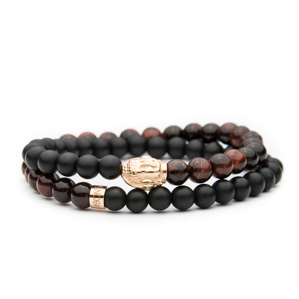 DJ BUDDHA DOUBLE Armband rotes Tigerauge Achat matt 6mm - BONES & BUDDHAS