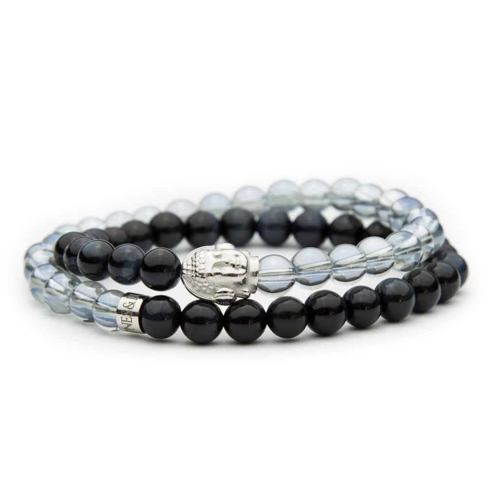 DJ BUDDHA DOUBLE Armband Hawk`s Eye und Aqua Aura Kristall 6mm - BONES & BUDDHAS