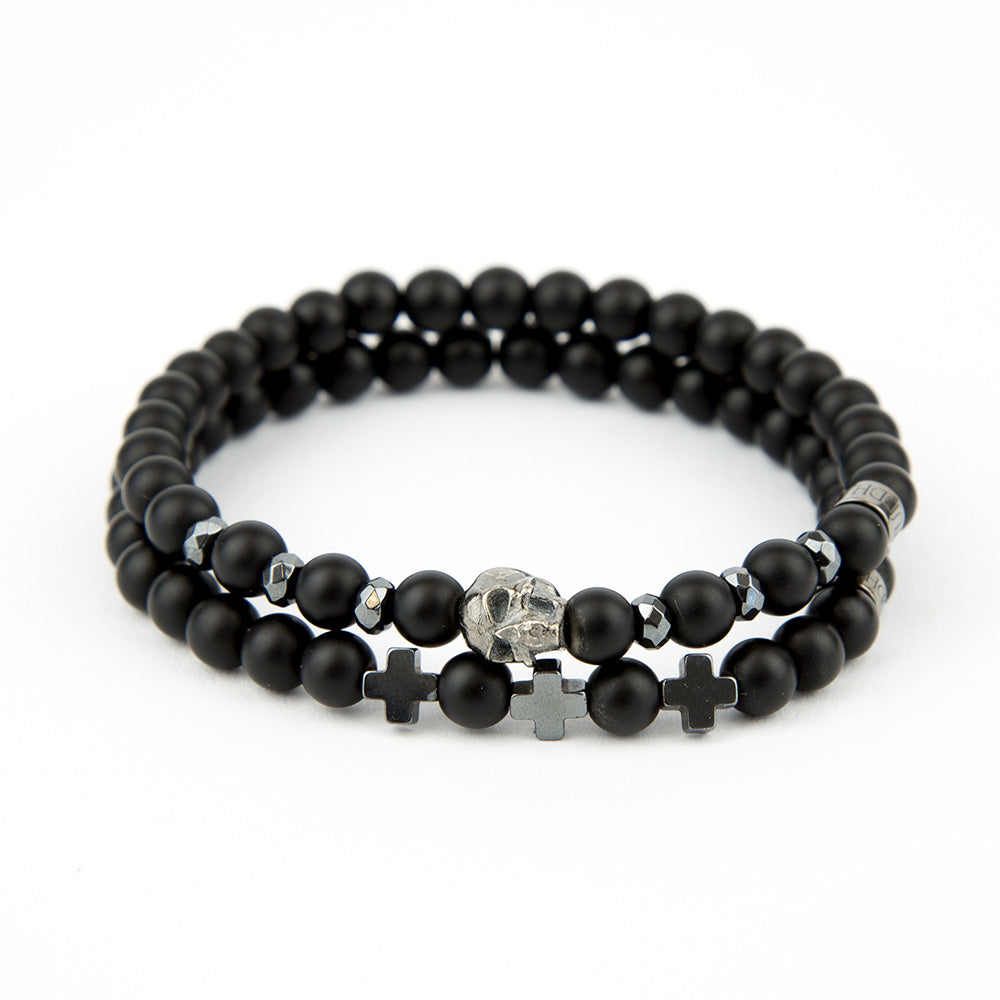 Totenkopf Armband “SKULL & CRUZ” Achat Black 6mm - BONES & BUDDHAS